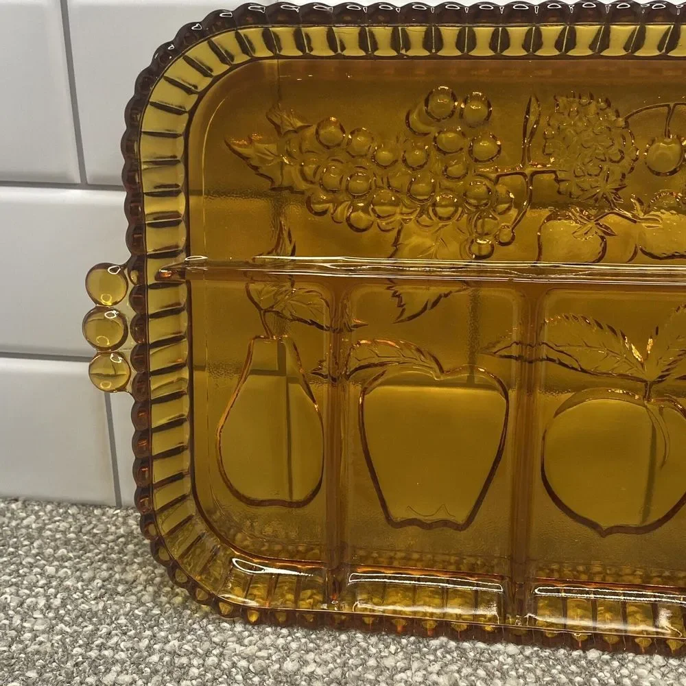 Vintage Glass Amber Fruit Platter Charcuterie Tray‎ Handles
